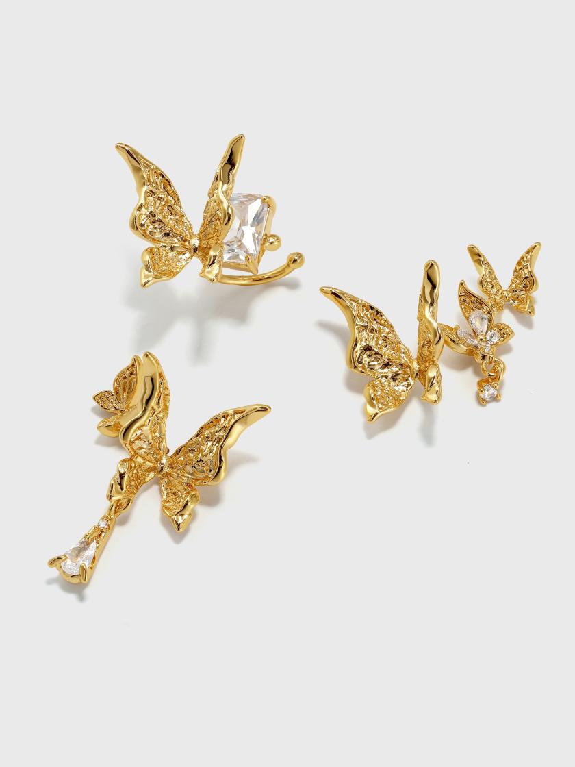 Earrings | Metal Texture Butterfly Set Studs (3 Pcs) Earrings Earrings