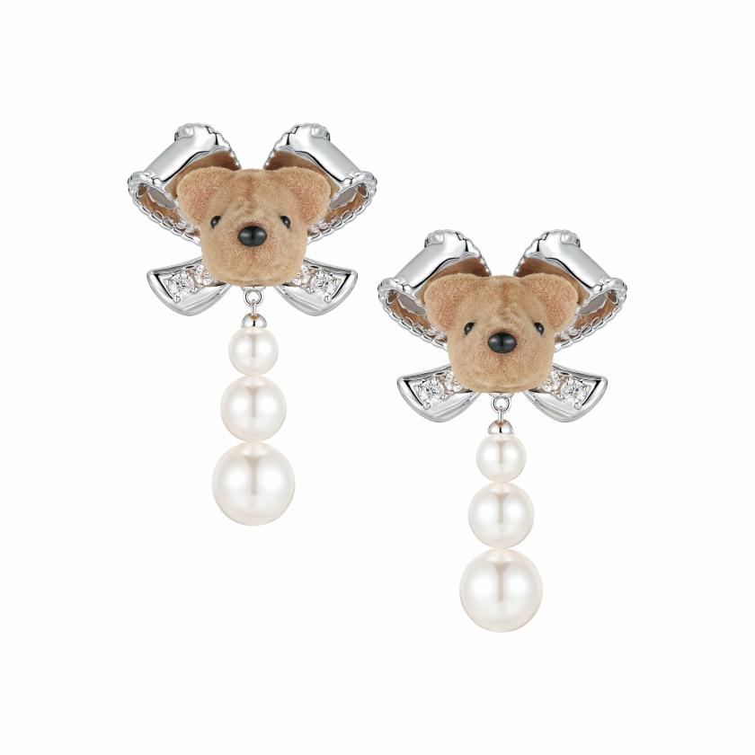 Earrings | Paradise / Bear Head Bow Pearl Earrings Earrings Beige Pair ( Pre Order )