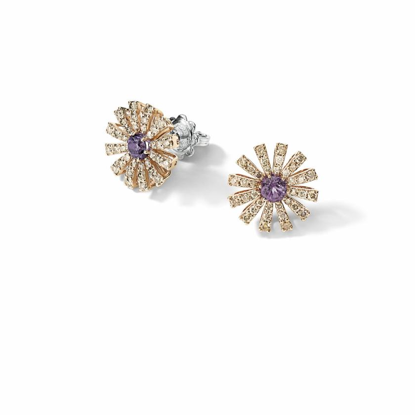 Earrings | Pink Gold, Brown Diamonds And Amethist Earrings, 14 Mm. Earrings Earrings