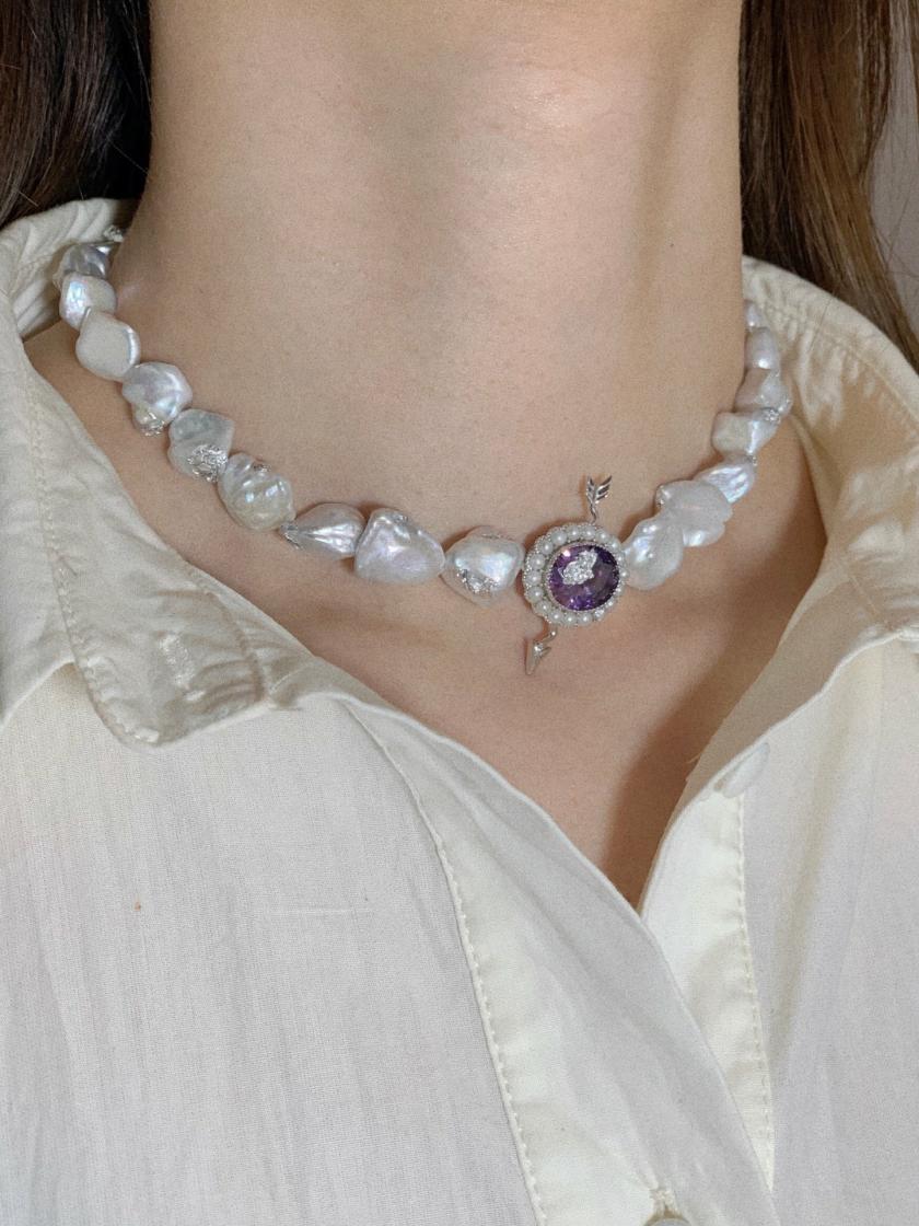 Necklaces | Baroque Pearl Choker With A Broken Crystal Heart(Purple, Silver) Jewelry Necklaces