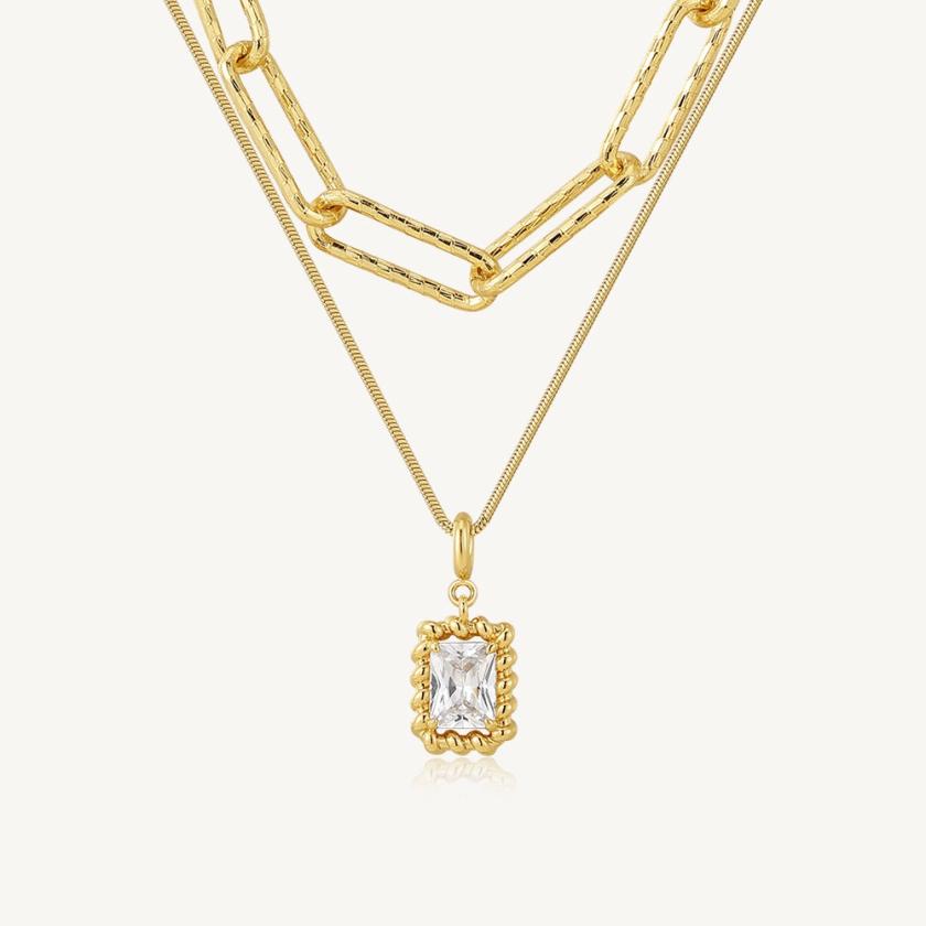 Necklaces | Cubic Zirconia Rectangular Twin Chain Necklace Jewelry gold